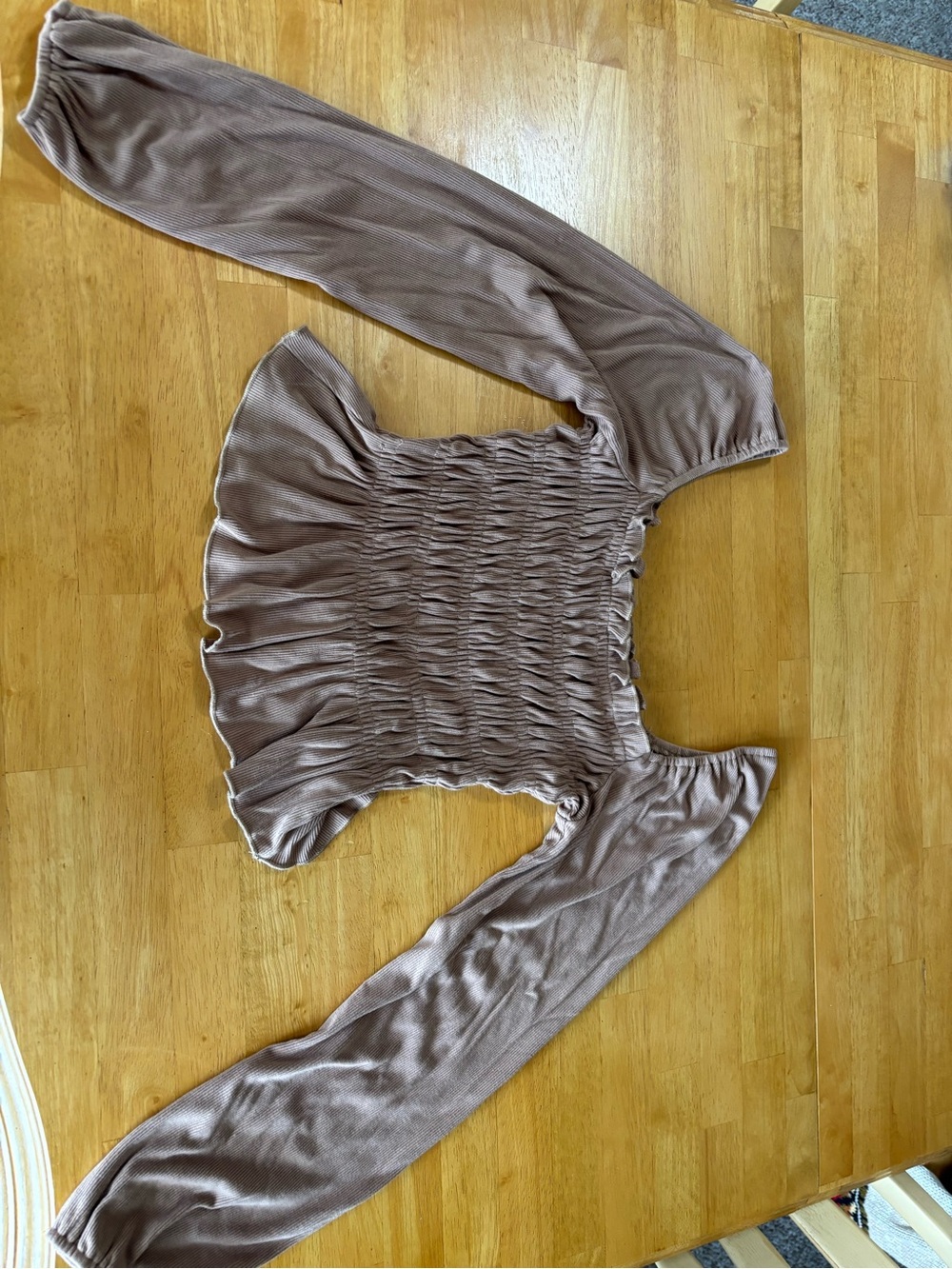 Smocked Off-Shoulder Long Sleeve Top in Taupe